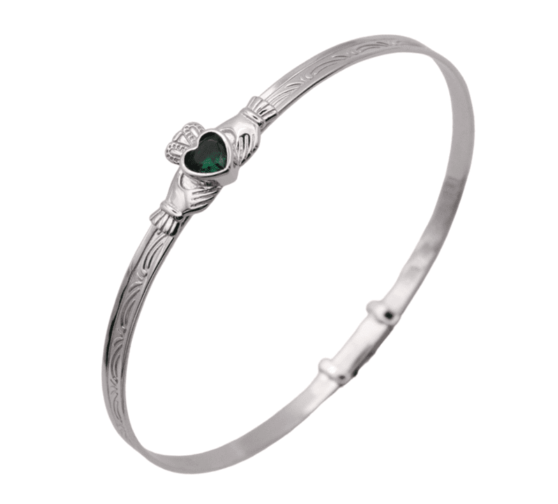 Claddagh Green Stone Set Children's Silver Bangles.