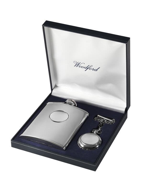 Hip Flask Set | Engravable Hip Flask Set | London Silver Company | Quartz Pocket Watch