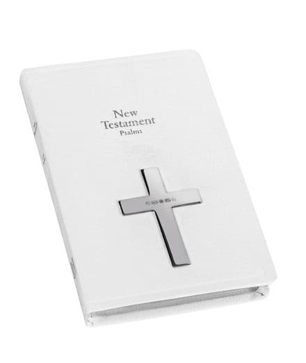 White New Testament Psalms Book with Sterling Silver Hallmarked Cross