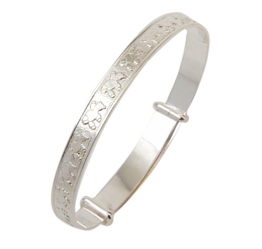 Childrens Sterling Silver Bangle with Large Teddy Design | Silver Pen | Silver Bangle