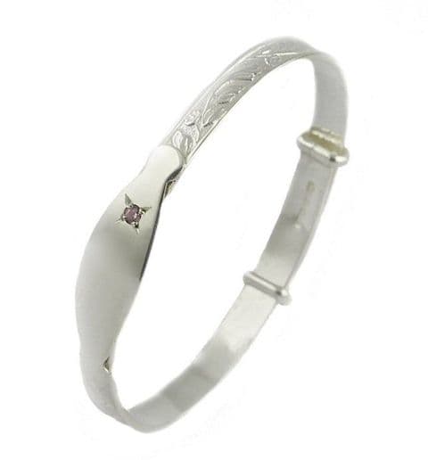 Engravable Silver Child's Narrow Scroll Bangle with Pink CZ Stone