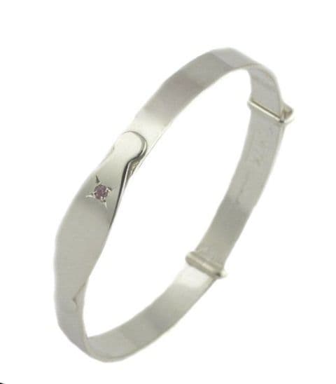 Engravable Silver Child's Plain Bangle with CZ Pink Stone