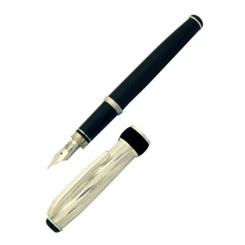 Sterling Silver Fountain Pen - Via Roma Twist Design and Black Lacquer - Hallmarked Sterling Silver