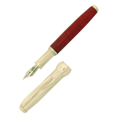 Sterling Silver Fountain Pen - Via Roma Twist Design and Red Lizard Skin - Hallmarked Sterling Silver