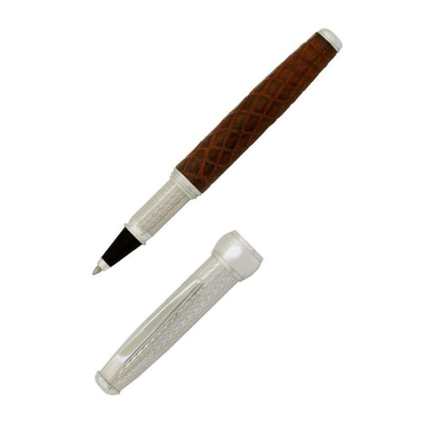 Sterling Silver Rollerball Pen - Via Roma Barleycorn Design and Alligator Skin - Hallmarked Sterling Silver | Silver Pen | Sterling Silver Rollerball