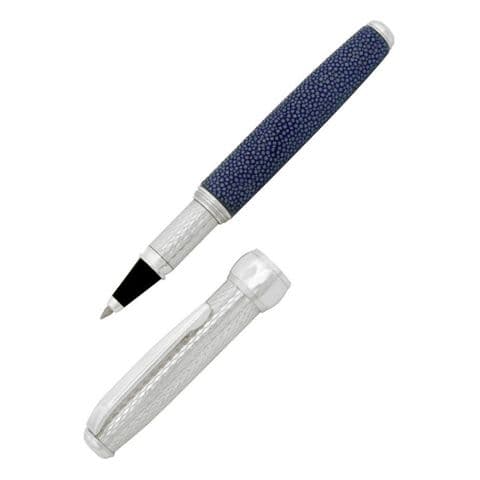 Sterling Silver Rollerball Pen - Via Roma Barleycorn Design and Blue Stingray Skin - Hallmarked Sterling Silver