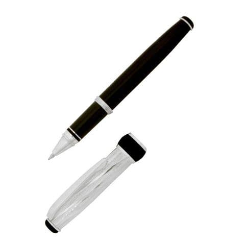 Sterling Silver Rollerball Pen - Via Roma Twist Design and Black Lacquer - Hallmarked Sterling Silver