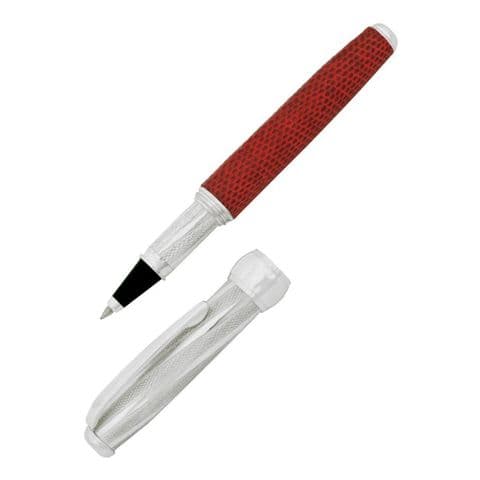 Sterling SIlver Rollerball Pen - Via Roma Twist Design and Red Lizard Skin - Hallmarked Sterling Silver