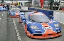 McLaren F1 GTR Gulf Team cars in pit lane Silverstone 1996 BPR GT
