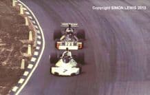 Brabham BT44 & BT42B Reuterman leads Watson, 1974 British GP Brands Hatch. 7x5" photo