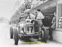ERA R5B StJohn Horsfall, A P R Rolt, FW Dixon in pits at Brooklands 10x7" photo