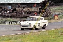 Ford Anglia Broadspeed. Anita Taylor. Brands Hatch August 1966 colour