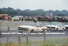 Ford Capri MkII (Spice) & Triumph Dolomite (Dron). Photo. Silverstone RAC Saloon Cars July 1977