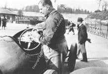 John Cobb stood beside 10.5 Litre Delage. Brooklands Paddock. Early 1930s.