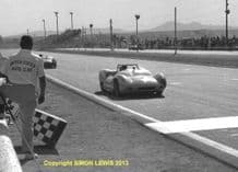 Lotus 19s Stirling Moss & Dan Gurney  at speed. Photo.  LA TIMES GP Riverside 1961.