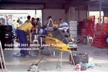 Lotus 99T Honda Turbo Senna's car minus bodywork in pits British GP 1987