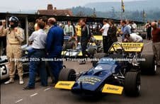 Mclaren M10B (Thwaites) Brabham BT35 (MacDowell) and Brabham BT33(Griffiths) Shelsley paddock 1973