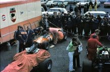 McLaren team, cars etc Silverstone Paddock 1970