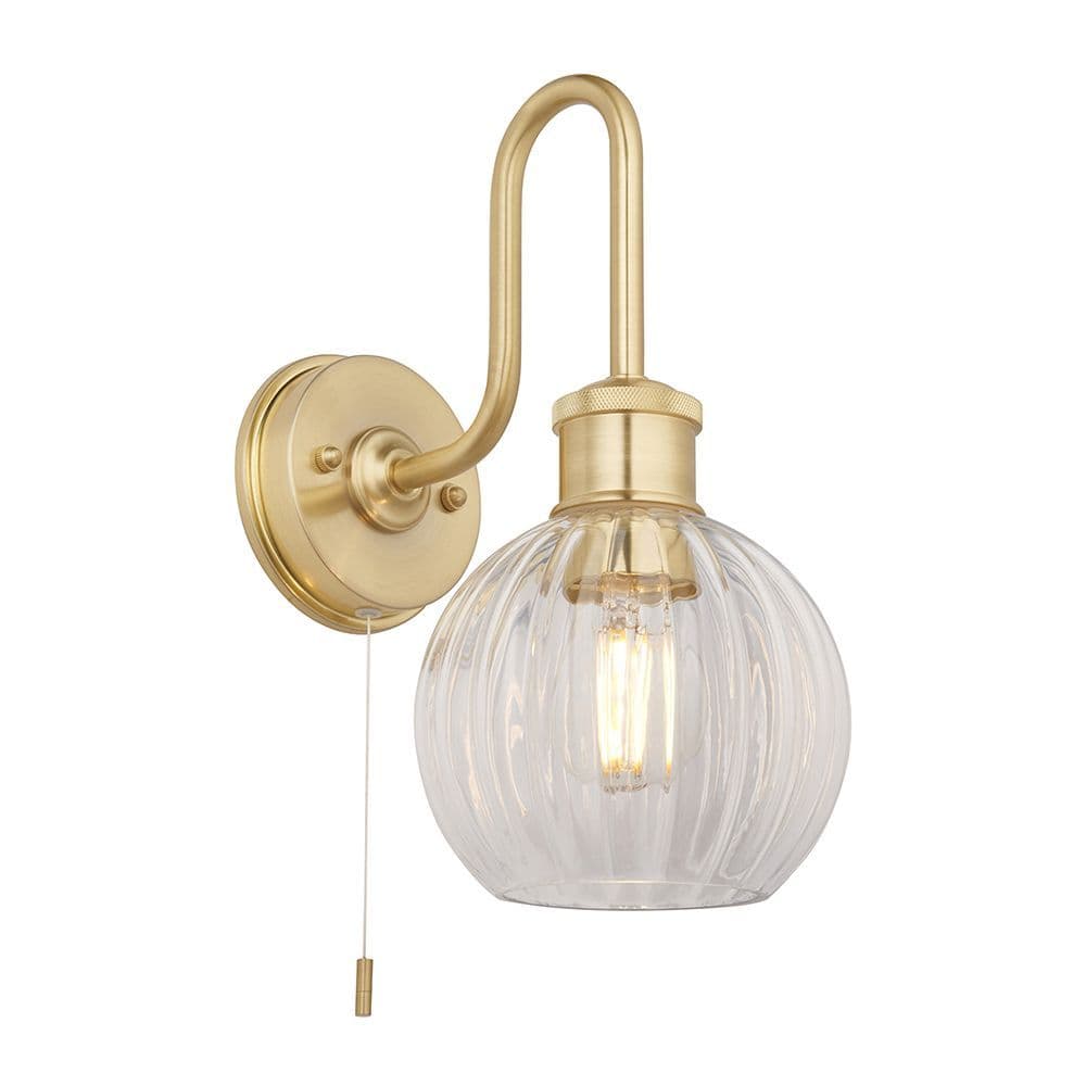 Agen Bathroom Wall Light in a Brushed Brass Finish with a Clear Ribbed Glass Switched IP44