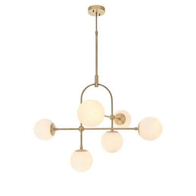 Bourges 6 Light Fitting in a Matt Antique Brass Finish with Matt Opal Glass Shades