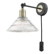 Boyd Plug In Wall Light in Black with Antique Brass Accents and a Glass Shade - där BOY0775