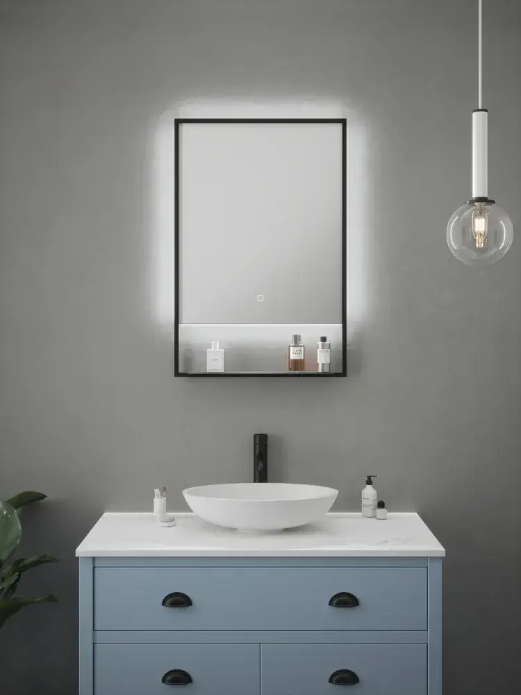 Bramhope Black LED Bathroom Mirror with Shelf and Demister IP44 Rated