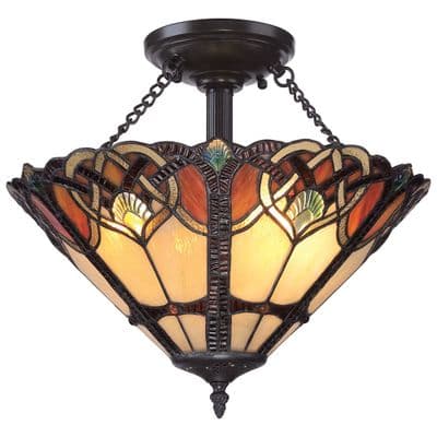 Cambridge 2 Light Large Semi-Flush Fitting in Vintage Bronze and Tiffany Glass - QUOIZEL QZ/CAMBRIDGE/SF