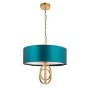 Cannes 3 Light Pendant in Antique Gold Leaf with a Satin Teal Fabric Shade