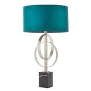 Cannes Table Lamp in Antique Silver Leaf with a Satin Teal Fabric Shade