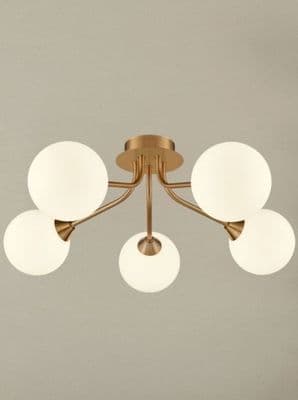 Corby 5 Light Fitting in Antique Gold with Opal Glass Shades