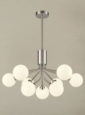 Corby 9 Light Fitting in Satin Nickel with Opal Glass Shades