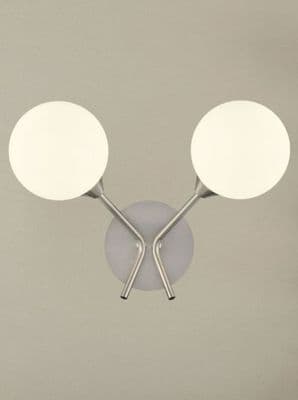 Corby Double Wall Light in Satin Nickel with Opal Glass Shades, Switched