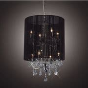Ettiley 8 Light Pendant in Polished Chrome and Crystal encased in a Black Silk String Shade