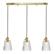 Hadano Natural Brass 3 Light Pendant Bar with Ribbed Glass Shades - där HAD3640-05