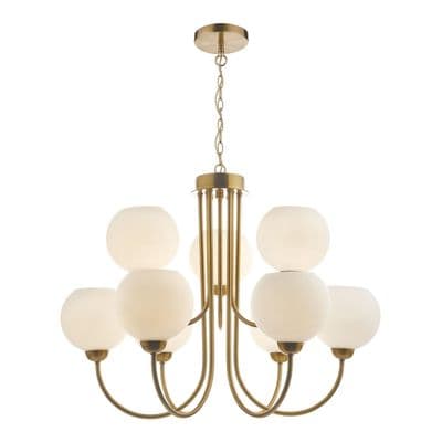 Indra 9 Light Pendant in a Natural Brass Finish with Opal glass Shades - där IND1335