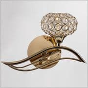 Ledsham Right Facing Wall Light in French Gold with Crystal Shades and Decoration, Switched