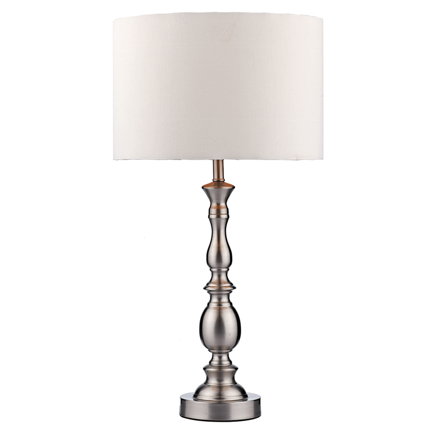 Madrid Table Lamp in Satin Chrome with a White Faux Silk Shade - där MAD4246