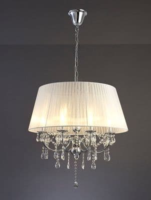 Oakmere 8 Light Pendant in Polished Chrome and Crystal encased in a White Fabric Shade