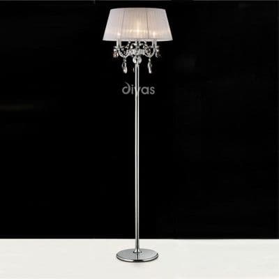 Oakmere Floor Lamp in Polished Chrome with Crystal Decoration and a White Shade