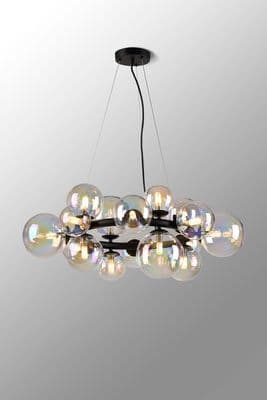 Rhoen 16 Light Circular Fitting in Satin Black with Iridescent Glass Shades