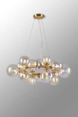 Rhoen 16 Light Circular Fitting in Satin Gold with Iridescent Glass Shades