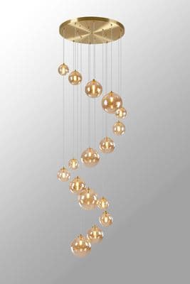 Rhoen 16 Light Fitting in Satin Gold with Amber Glass Shades