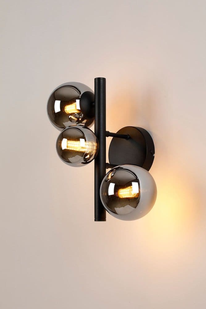 Rhoen 3 Light Wall Light in Satin Black with Chrome Glass Shades