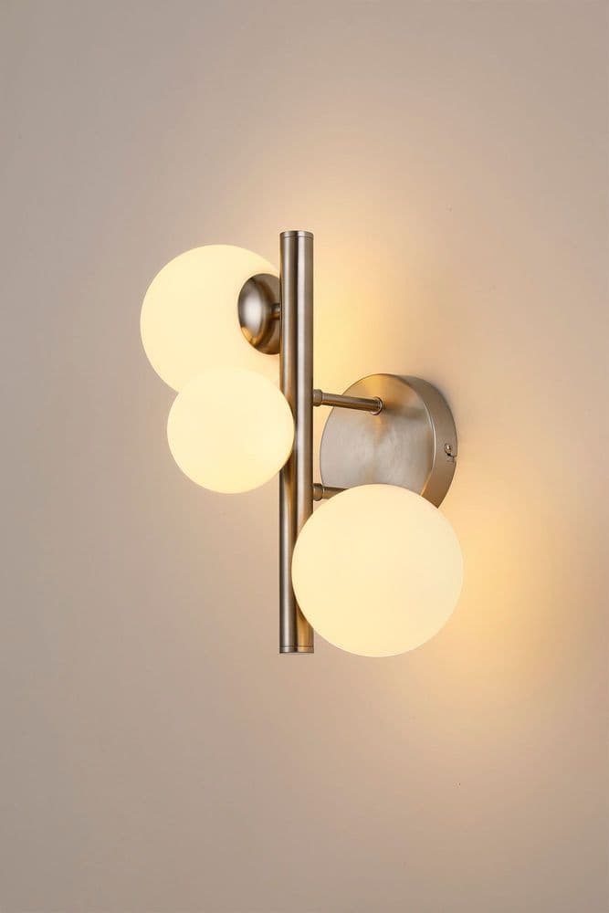 Rhoen 3 Light Wall Light in Satin Chrome with Opal Glass Shades