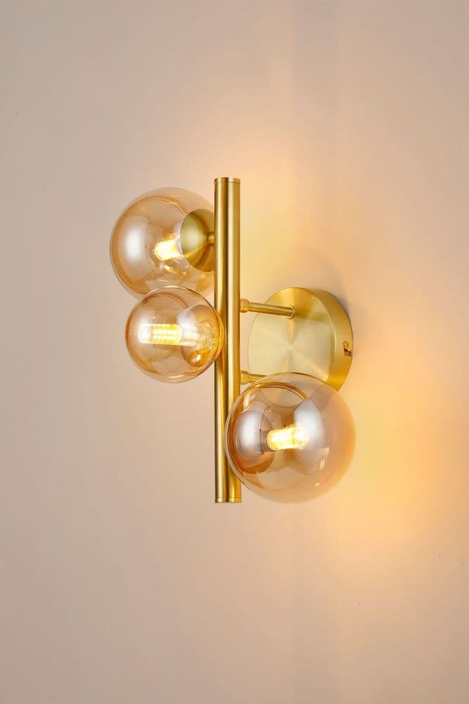 Rhoen 3 Light Wall Light in Satin Gold with Amber Glass Shades