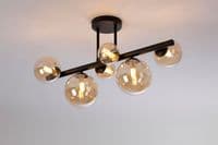 Rhoen 6 Light Fitting in Satin Black with Amber Glass Shades