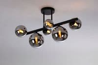 Rhoen 6 Light Fitting in Satin Black with Chrome Glass Shades