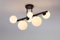 Rhoen 6 Light Fitting in Satin Black with Opal Glass Shades