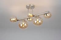 Rhoen 6 Light Fitting in Satin Chrome with Amber Glass Shades