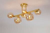 Rhoen 6 Light Fitting in Satin Gold with Amber Glass Shades